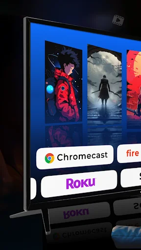 TV display showing compatible casting services: Chromecast, Fire Stick, Roku, Samsung for HD screen mirroring