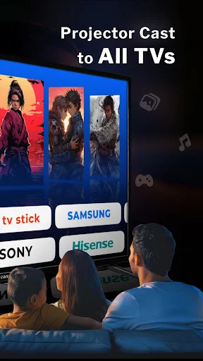 Projector Cast to All TVs interface showing multiple TV brand options including Samsung, Sony, and Hisense