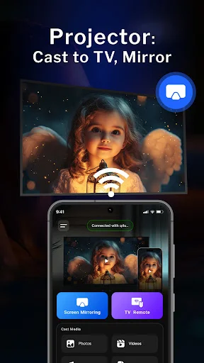 Phone screen showing Projector Cast to TV Mirror with Screen Mirroring and TV Remote control features