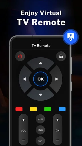 Virtual TV Remote interface with directional navigation pad, OK button, color buttons, and volume controls