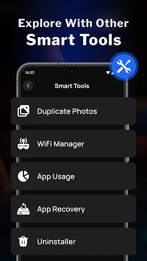 Smart Tools menu displaying Duplicate Photos, WiFi Manager, App Usage, App Recovery, and Uninstaller options
