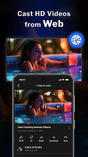 Web video casting interface showing HD video player with Cast to web button and streaming video controls