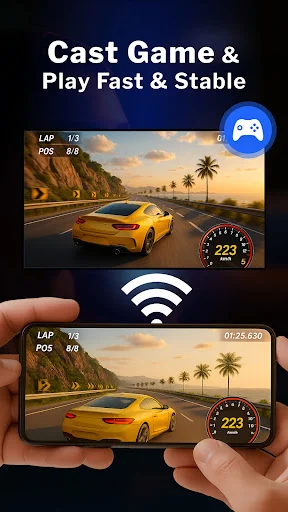 Mobile phone displaying racing game wirelessly cast to TV screen with WiFi connectivity for gaming