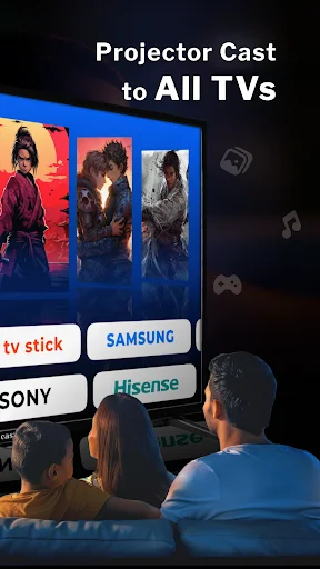 Projector app casting interface supporting multiple TV brands: Samsung, Hisense, Sony, and Fire for mirroring