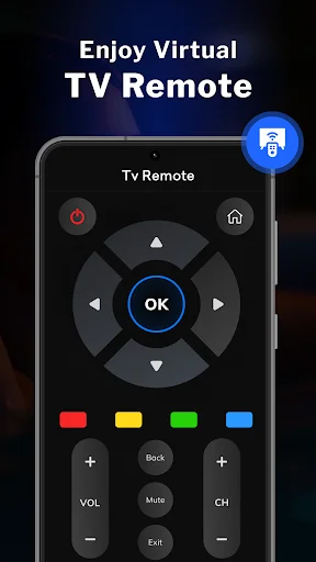 Virtual TV Remote control interface with navigation buttons, color controls, volume, and channel options