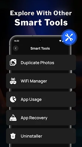 Smart Tools menu with Duplicate Photos, WiFi Manager, App Usage tracking, App Recovery, Uninstaller options