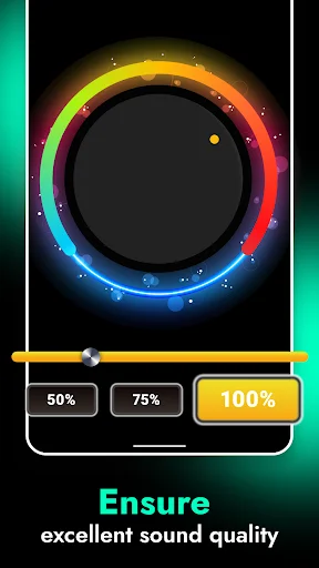 Sound quality control screen with rainbow volume knob, slider adjustment, and 50-100% preset buttons