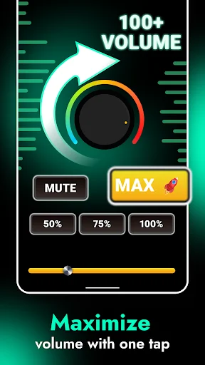100+ volume boost interface with one-tap MAX button, volume dial, and MUTE controls for headphones