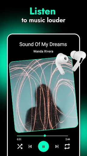 Music player showing Sound Of My Dreams with earbuds and volume boost controls for louder listening
