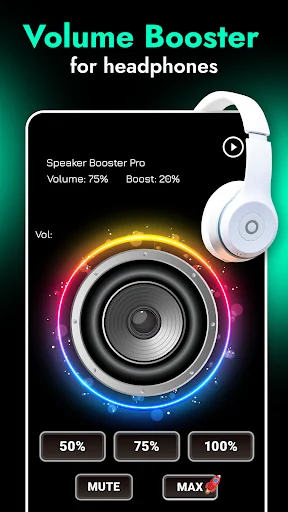 Volume Booster for Headphones app main screen with speaker controls, 75% volume setting, and boost options