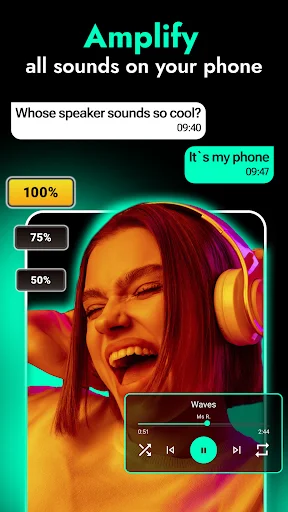 Amplify phone sounds feature showing volume controls with 100%, 75%, 50% presets and music playback interface