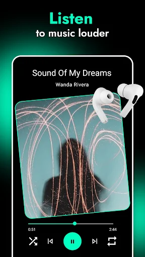 Music player showing Sound Of My Dreams with earbuds and volume boost controls for louder listening
