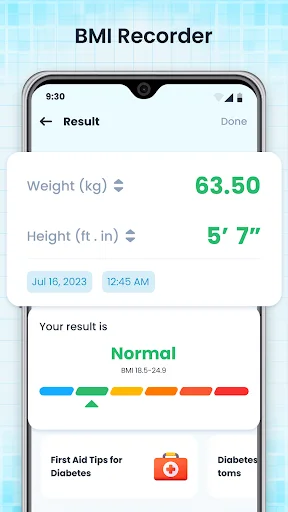 BMI calculator result screen showing weight, height, Normal BMI status with health tips for diabetes