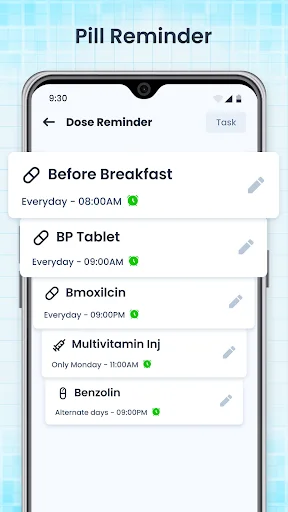 Pill reminder feature listing medication schedules including BP tablet, breakfast doses, and daily alerts