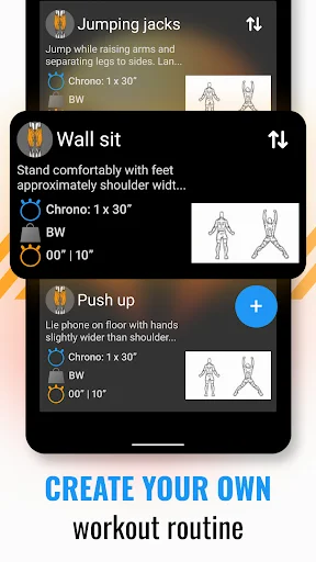 Custom workout routine builder showing exercise list with jumping jacks, wall sit, push up exercises