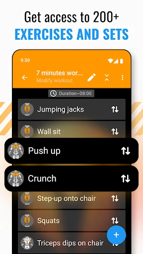 Workout planner displaying 200+ exercises library including push ups, crunches, squats, and step-ups