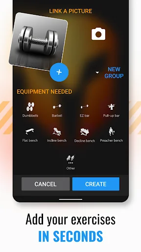 Gym equipment selection screen for adding exercises with dumbbells, barbells, and bench options
