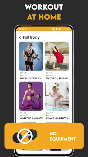 Home workout at home app interface showing full body workout options with no equipment needed on mobile phone