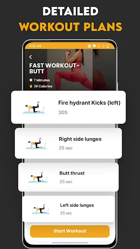 Detailed workout plan showing fast butt routine with four exercises: fire hydrant kicks, lunges, butt thrust with durations