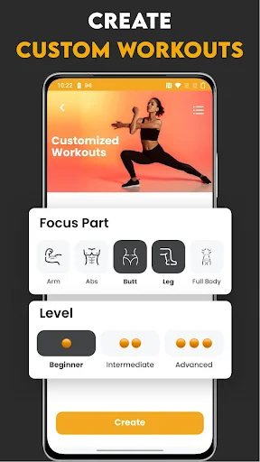 Create custom workouts app feature with focus part selection (arm, abs, butt, leg, full body) and difficulty levels