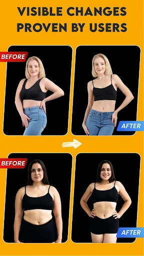 Before and after user transformation results showing visible body fitness changes from home workout app workouts