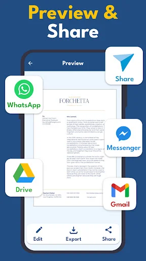 Document preview and sharing options for WhatsApp, Messenger, Google Drive, and Gmail platforms