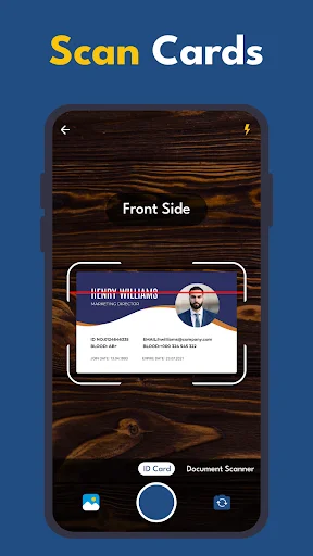ID Card Scanner app showing front side scan of business card with camera controls and Document Scanner mode button option