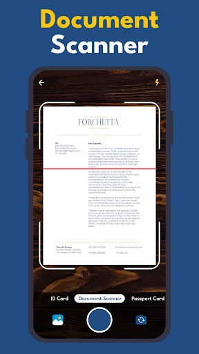 Document Scanner app displaying scanned document with tabs to switch between ID Card, Document Scanner, and Passport Card