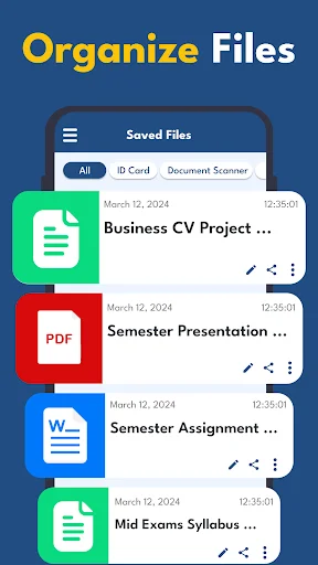 Organize Files interface showing saved scanned documents including Business CV, Presentation, Assignment, and Syllabus