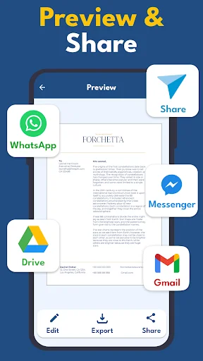 Preview and Share screen with scanned document and sharing options for WhatsApp, Google Drive, Gmail, and Messenger