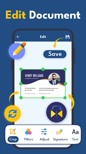 Document editing interface with crop, filters, adjust, signature, and text formatting tools