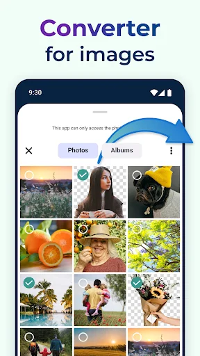 Image Converter app photo selection screen showing gallery grid with multiple images to convert to JPG PNG WEBP