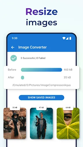 Image resize results showing file size reduction from 460 KB to 35 KB with converted images displayed