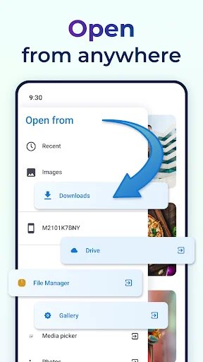 Open images from multiple sources including Gallery Downloads Drive and File Manager for conversion