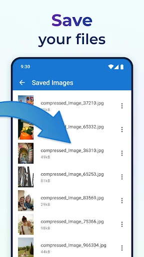 Saved converted images list showing compressed JPG files with reduced file sizes in Image Converter app
