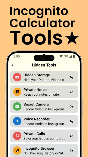 Incognito Calculator Tools main menu displaying Hidden Storage, Private Notes, Secret Camera, Voice Recorder, Private Calls, and Incognito Browser options