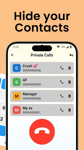 Private Calls hidden contacts interface displaying list with names, phone numbers, and action buttons for managing secret contacts