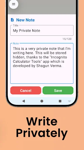 Private Note writing interface with title field and text editor displaying sample note with Cancel and Save action buttons