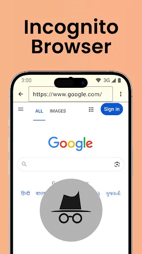 Incognito Browser homepage showing Google search interface with private browsing incognito icon and sign-in option