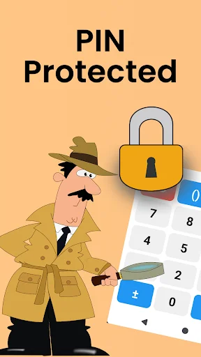 PIN Protected security feature with cartoon spy character and yellow padlock icon overlaying calculator keypad for app security