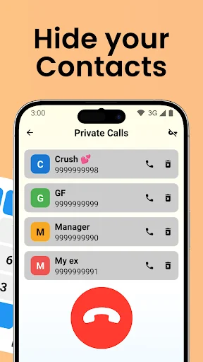 Private Calls interface showing hidden contacts list with phone numbers including Crush, GF, Manager, and My ex with call button