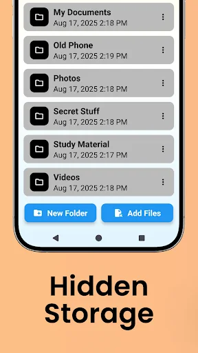 Hidden Storage folder management screen displaying My Documents, Old Phone, Photos, Secret Stuff folders with Add Files button