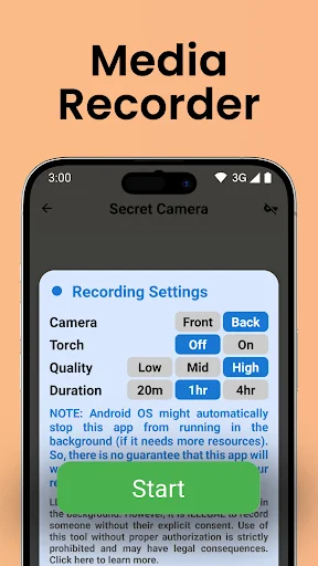Secret Camera recording settings menu with options for Front and Back camera selection, Torch control, quality, and duration