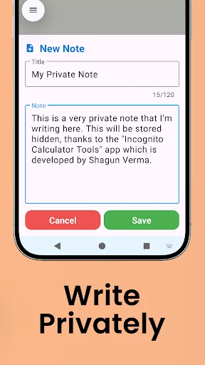Private Note creation interface with title field and text editing area, featuring Cancel and Save buttons for secure notes