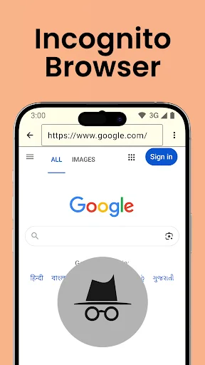 Incognito Browser showing Google homepage with spy icon wearing sunglasses, enabling anonymous browsing without history tracking