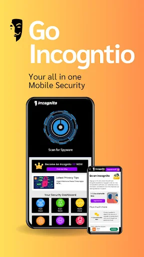 Incognito mobile security app dashboard with spyware scanner, privacy tips, and colorful feature icons for health check and protection tools