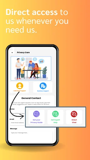 Privacy care support screen offering direct customer contact through email, phone, message, and chat options for immediate assistance
