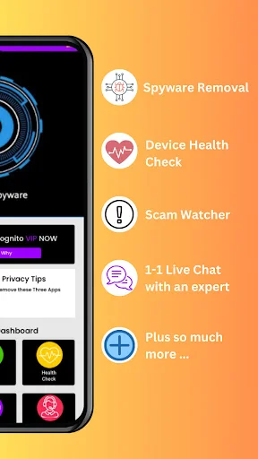 Incognito features list displaying spyware removal, device health check, scam watcher, live chat support, and additional security features