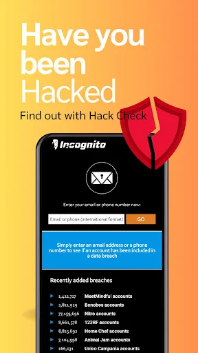 Hack Check feature displaying email input field to verify if account has been compromised in security breaches with results list