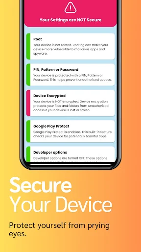 Device security assessment showing unsecured settings including root status, PIN protection, device encryption, and developer options warnings